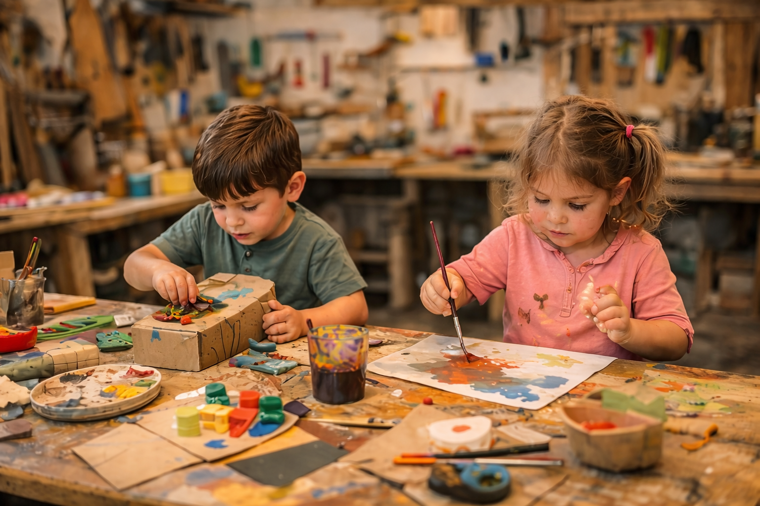 Het Creatief Atelier - kinderen verven en knutselen aan een werkbank