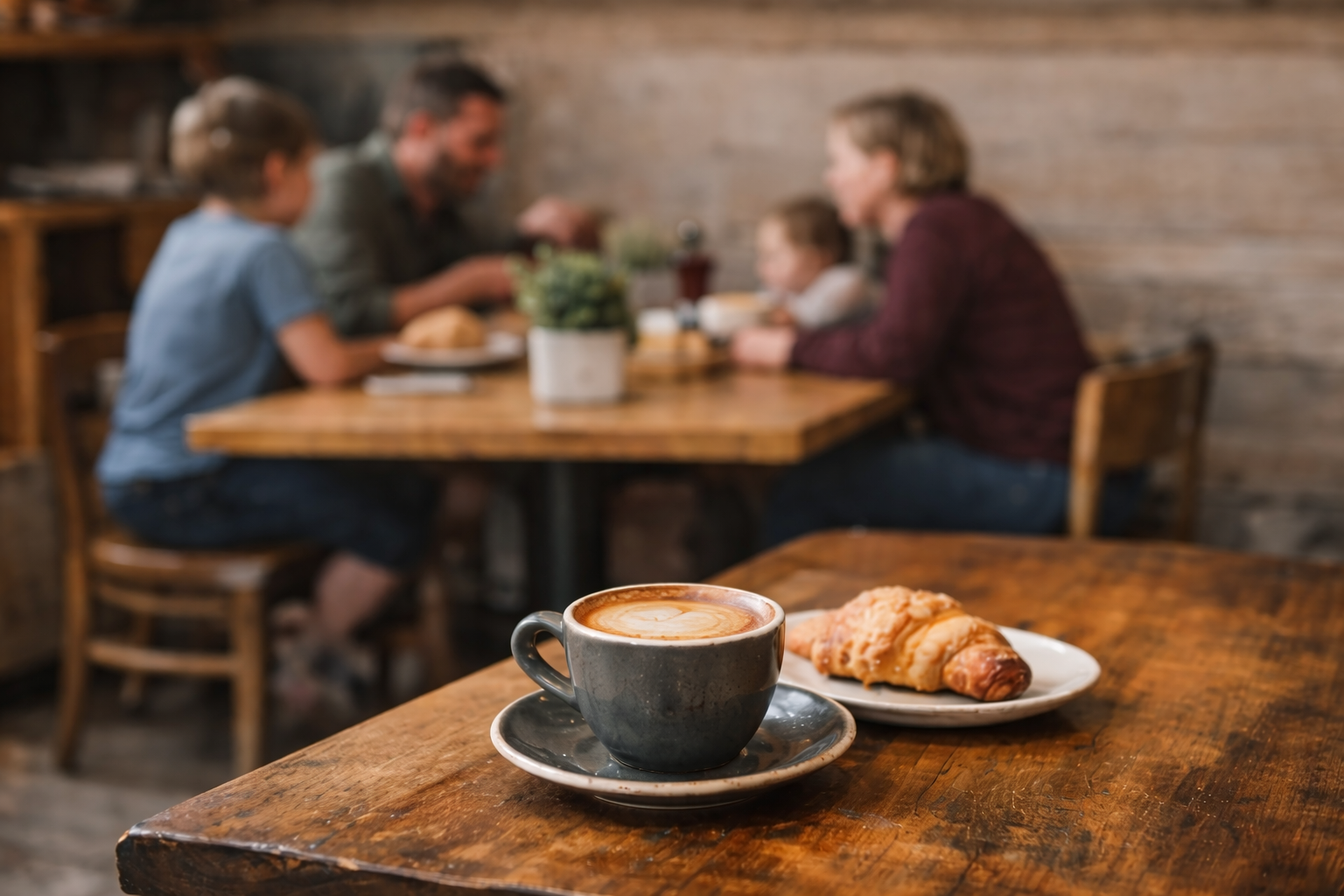 Het Bio-Cafe - koffie en croissant op een houten tafel, gezin op achtergrond