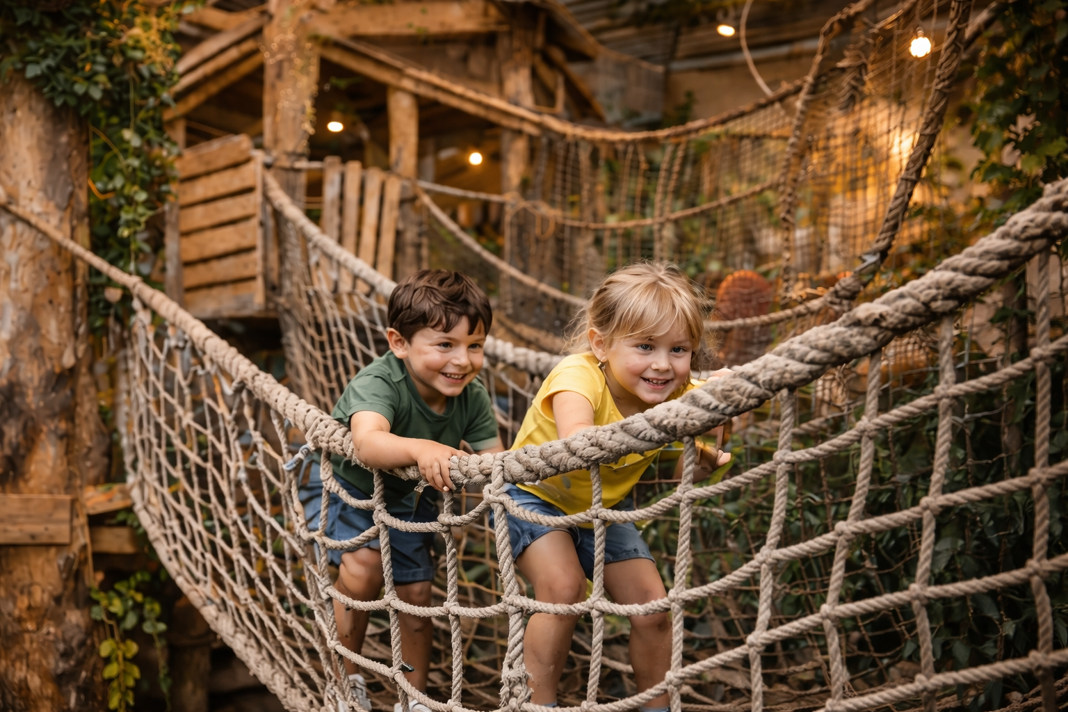 Het Jungle Avontuur - kinderen klimmen over netten in een houten speelstructuur