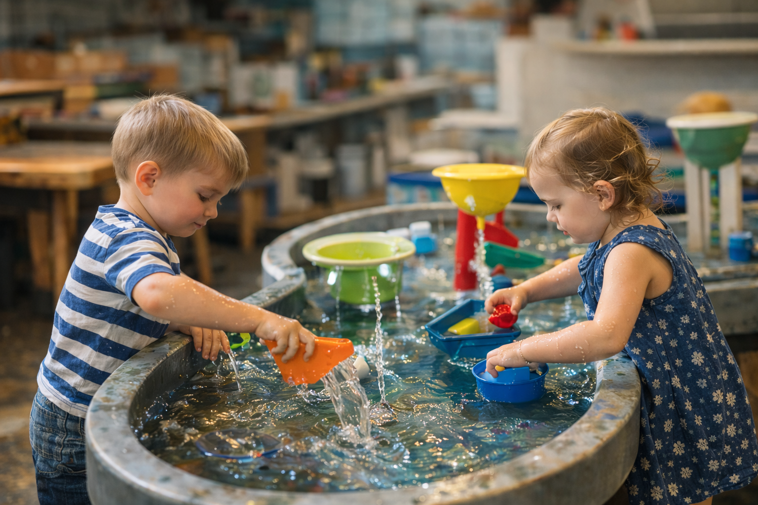 De Waterwereld - peuters spelen met bootjes en trechters aan een watertafel